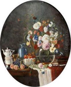 Naturemorte Aux Livres, Fruits Et Vase Fleuris