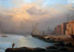 Marina Con Barche E Personaggi by G. Vernet