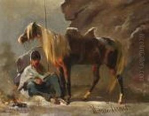 Kosake Mit Seinem Pferd. by Horace Vernet
