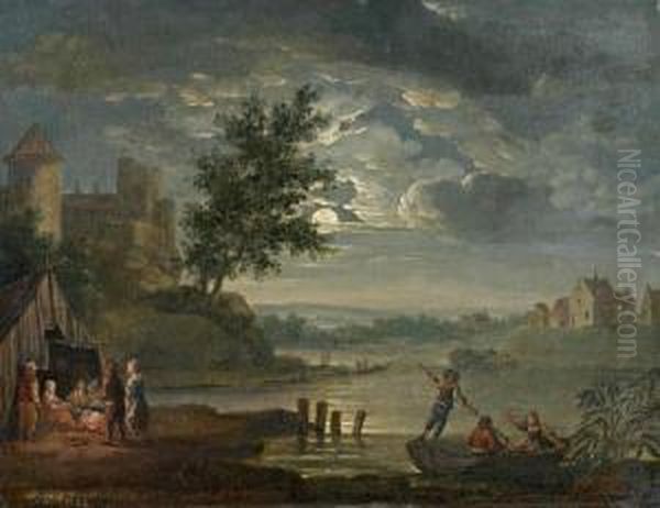 Abendliche Flusslandschaft Mit Personen Und Vollmond - view 1