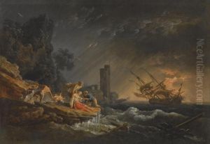 A Shipwreck At Night Off The Coast by Claude-joseph Vernet