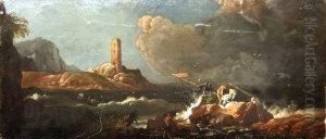 Shipwreck With Figures On The Rocks by Claude-joseph Vernet