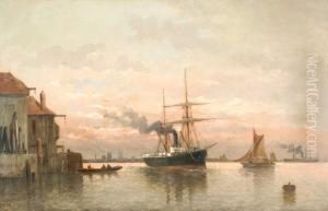 View Of The Inner Harbour Of Le Havre With A Sailing Ship by Jules Vernier