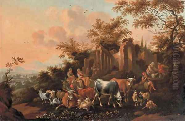An Italianate landscape with peasants among cows, goats and sheep near a ruin - view 1