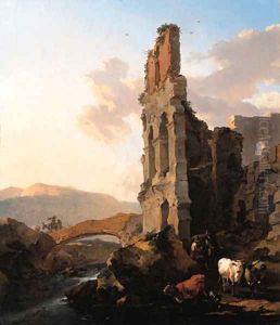 An Italianate river landscape with herdsmen by the ruins of an amphitheatre, and peasants crossing a bridge by Nicolaes Berchem