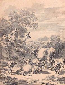 Herdsmen with cattle and sheep in an extensive Italianate landscape by Nicolaes Berchem