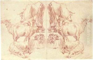 A cow and four sheep, with a counterproof of the same to the left
