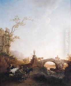 Drivers returning from market on a track by a bridge, in an Italianate landscape by Nicolaes Berchem