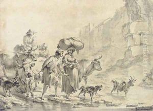 Peasants and animals fording a stream, below town walls by Nicolaes Berchem