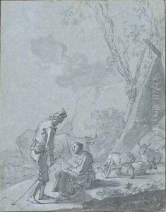 A young shepherd and shepherdess in a landscape with a flock by Nicolaes Berchem