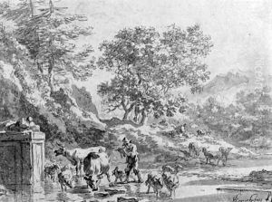 An italianate landscape with herdsman at the fountain by Nicolaes Berchem