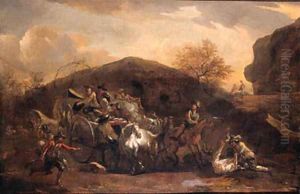 Travellers on a wagon ambushed on a mountain pass