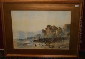 Fishermen And Boats Onshore With Rocky Coastline Beyond by William Henry Vernon