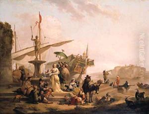 A Capriccio of a Mediterranean harbour with an elegant couple disembarking from a galley, bandits and merchants on the quay nearby