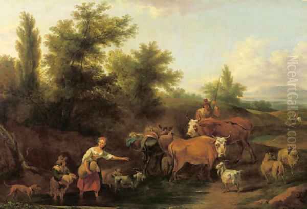 Travellers and shepherds in a wooded Italianate valley - view 1