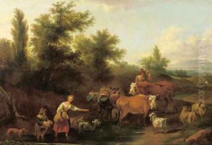 Travellers and shepherds in a wooded Italianate valley by Nicolaes Berchem