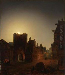 Moonlit Streetscene With Figures by Jacob Johann Verreyt