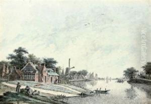 A Riverside Village With A Windmill by Theodor (Dirk) Verrijk