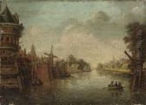 A Dutch Canal Side Town With Figures In A Boat by Theodor (Dirk) Verrijk