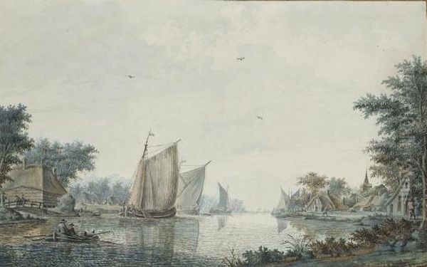 Des Voiliers Et Une Barque Au Bord D'un Rivage: Vue Presumee De Alphen Aan Den Rijn - view 1