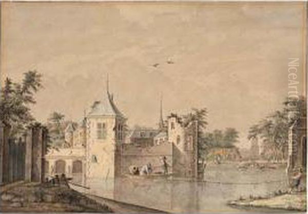 A Castle With A Partly Ruined Tower, Surrounded By A Moat With Fishermen Hauling In Their Nets, A Church And Town Beyond - view 1