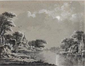Two Moonlit River Landscapes With Fishermen by Theodor (Dirk) Verrijk