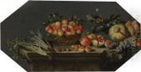 Still Life Of Apples In A Basket With Melons, Grapes, Pomegranates, And Figs With Other Fruit And Vegetables On A Stone Ledge - view 1