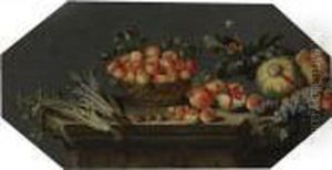Still Life Of Apples In A Basket With Melons, Grapes, Pomegranates, And Figs With Other Fruit And Vegetables On A Stone Ledge by Agostino Verrocchi