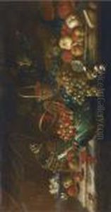 Strawberries, Peaches, Grapes, Melons, Redcurrants, A Partly-peeledlemon, A Dish Of Cheese, A Bottle And Glass Of Wine On A Marbleledge, With A Snail And A Butterfly by Agostino Verrocchi