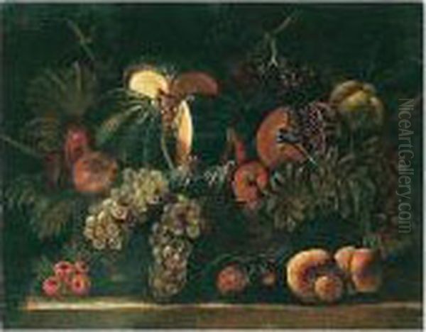 Still Life Of A Melon, A Pomegranate, Grapes, Figs, Pears And Peaches, Arranged In A Wicker Basket, Set Upon A Stone Ledge - view 1