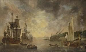 A Harbour With A Flute, A Frigate Firing A Salute, A Flute Beingcareened And A States Yacht, With Other Shipping At Sunset
