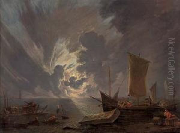 A Coastal Landscape At Sunset With Stevedores And Shipping - view 1