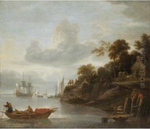 A River Estuary With Men Casting Their Nets And A Cottage And Horses Beyond A River Estuary With Men Casting Their Nets And A Cottage And Horses Beyond