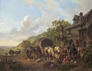 Travelers At The Tavern In A Sunlit Landscape
