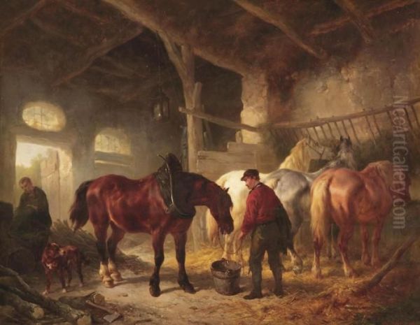 A Grey Horse And A Springer Spaniel In A Stable Interior - view 1