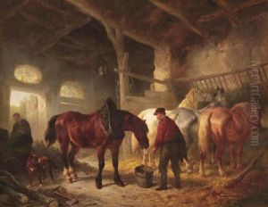 A Grey Horse And A Springer Spaniel In A Stable Interior