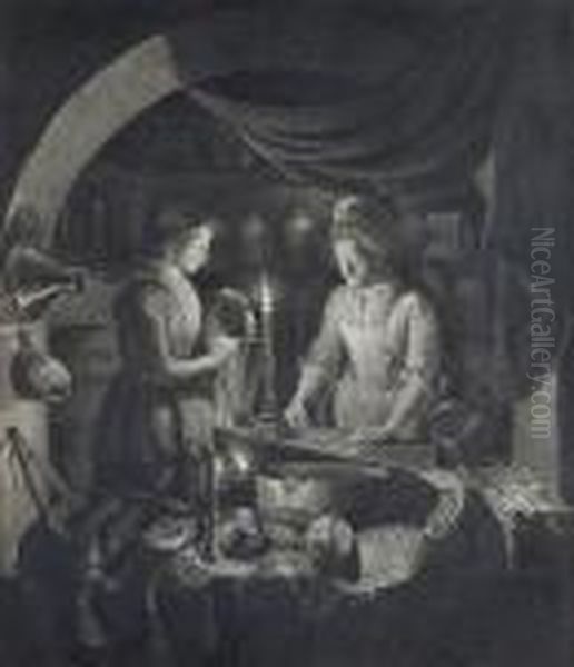 Two Women At Work In A Candlelit Interior - view 1