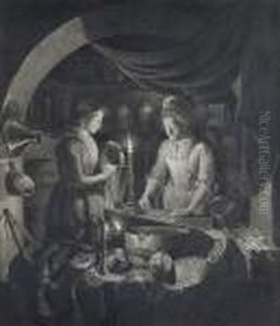 Two Women At Work In A Candlelit Interior Two Women At Work In A Candlelit Interior