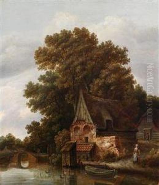 Eine Bewaldete Flusslandschaft Mit Einer Muhle Und Figurenstaffage - view 1