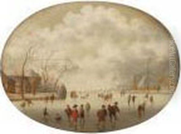 A Winterlandscape With Figures Skating And Sleighing On A Frozen River Near A Village - view 1