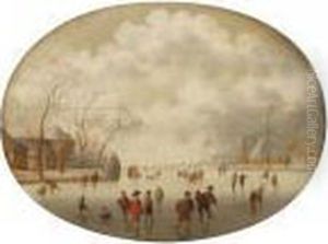 A Winterlandscape With Figures Skating And Sleighing On A Frozen River Near A Village by Verstraelen Anthonie