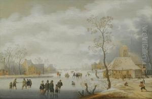 A Winter Landscape With Figures Skating On A Frozen River Beside A Village - view 1