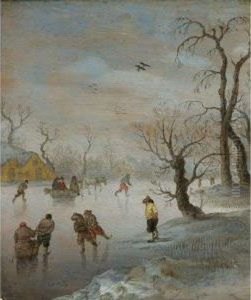 Skaters And A Horse-drawn Sledge On A Frozen Waterway by Verstraelen Anthonie