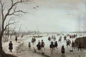 A Winter Landscape With Figures Skating And Making Merry On Afrozen River by Verstraelen Anthonie