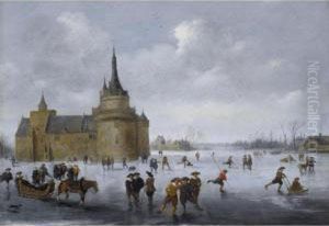 Skaters On A Frozen Lake Near A Castle