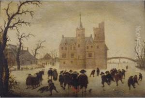 A Winter Landscape With Figures Skating Before A Manor