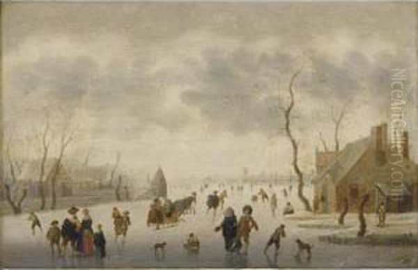A Winter Landscape With Elegant Figures Skating And A Couple In A Horse-drawn Sleigh On The Ice - view 1