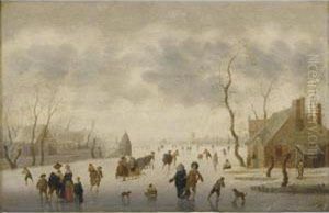 A Winter Landscape With Elegant Figures Skating And A Couple In A Horse-drawn Sleigh On The Ice
