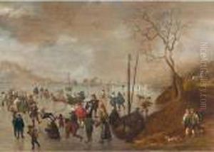 A Winter Landscape With Figures Skating On A Frozen River