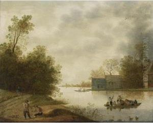 A River Landscape With A Ferry And Figures Resting In The Foreground, Farms Beyond